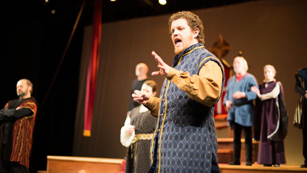 Ryan Scammon takes the stage as the Chorus on Feb. 8 during a technical rehearsal for Ithaca Shakespeare  Companys “Richard II.” The Chorus introduces the main characters and provides context before the show begins.