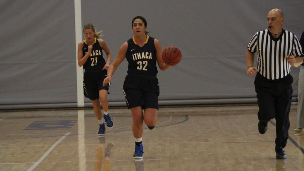 Senior forward Francesca Cotrupe dribbles the ball down the court Feb. 14 during the team’s 61–42 win over Stevens Institute of Technology.