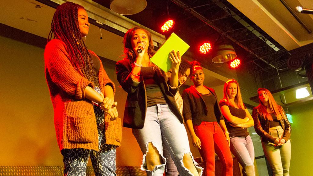 The Ithaca College Cheerleading Team and Pulse took turns auctioning off their members, and most women went up onstage in groups of two and three.