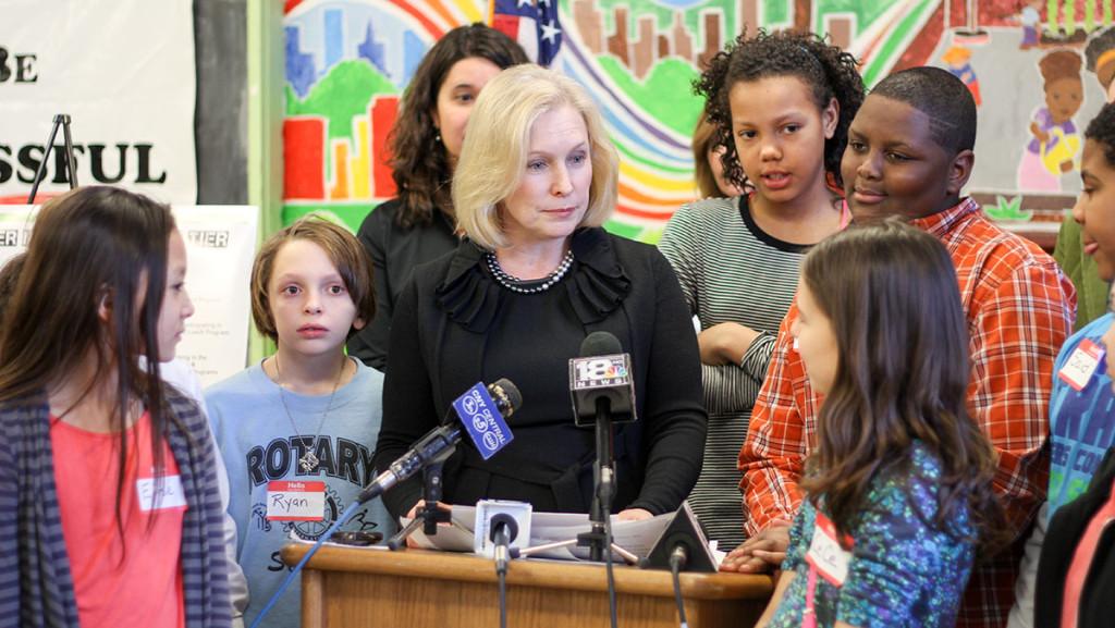New York Sen. Kirsten Gillibrant addressed students and faculty of Beverly J. Martin Elementary School on the serving healthy foods in schools.  