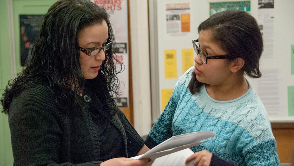 From left, actress Mar E. Perez and sophomore Nathiel Tejada rehearse Feb. 14 for the Civic Ensemble’s production of “Home: A Living Newspaper.”