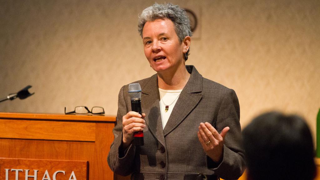 Leslie Lewis, dean of the School of Humanities and Sciences at Ithaca College, adresses the community as a provost finalist on Dec. 9 in Emerson Suites.  
