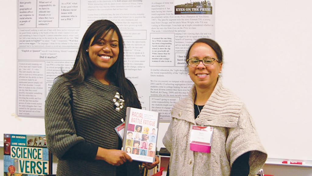 From left, senior Beatriz Montilla stands with professor Sherry Deckman at the Alumni of Color Conference in Cambridge, Massachusetts, on Feb. 28.