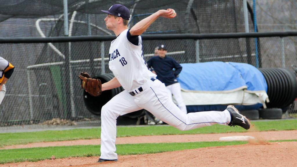 Junior Benji Parkes delivers a pitch with one of the new flat-seam baseballs, implemented by the NCAA this season, during the baseball teams 5–4 loss to the University of Rochester on April 16 at Freeman Field.