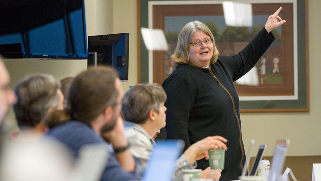 Gwen Seaquist, professor of legal studies, speaks to the Faculty Council about the pros and cons of part-time  faculty unionization at its April 7 meeting, when part-time faculty from the college’s unionization movement visited.