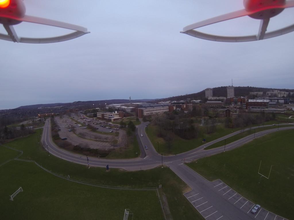 The Ithacans drone flies high over the fields on Ithacas campus, getting a birds-eye view of the buildings on campus.