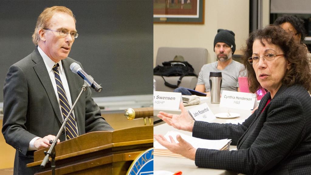 Left: Ithaca College President Tom Rochon speaks at the all-college meeting March 5. Right: Linda Petrosino, interim provost and vice president for educational affairs speaks at the Faculty Council meeting Jan. 20