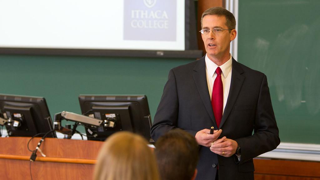 The first candidate to become School of Business Dean, Sean Reid, associate dean of the School of Business at Quinnipiac University, met with staff, students and faculty to present his plans for the Ithaca College School of Business.  