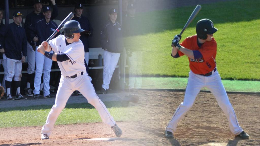Sophomore second baseman Josh Savacool stands in the batters box during a game at Freeman Field at left, and at right continues to play in the summer with the Cortland Crush.
