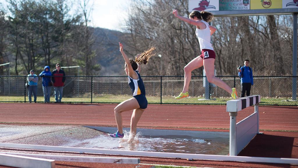 Freshman Denise Ibarra leaps over bar in the 3,000-meter steeplechase during the Ramapo College Invitational on April 4 in Mahwah, New Jersey.  The womens track and field team opened the outdoor season with a win at the meet. 