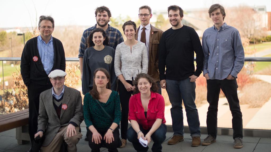 Ithaca College part-time faculty and student supporters pose for a photo outside of the Peggy Ryan Williams Center April 15, following a meeting with Ithaca College administration.