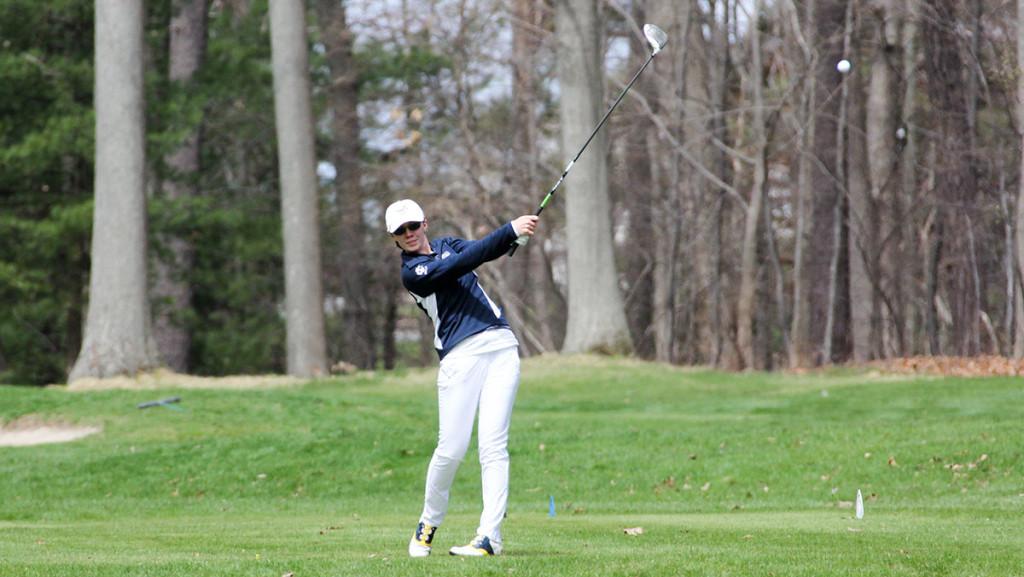 Freshman Lauren Saylor of the women’s golf team uses her driver to tee-off during the Ithaca Invitational on April 26 at the Country Club of Ithaca in Ithaca, New York.