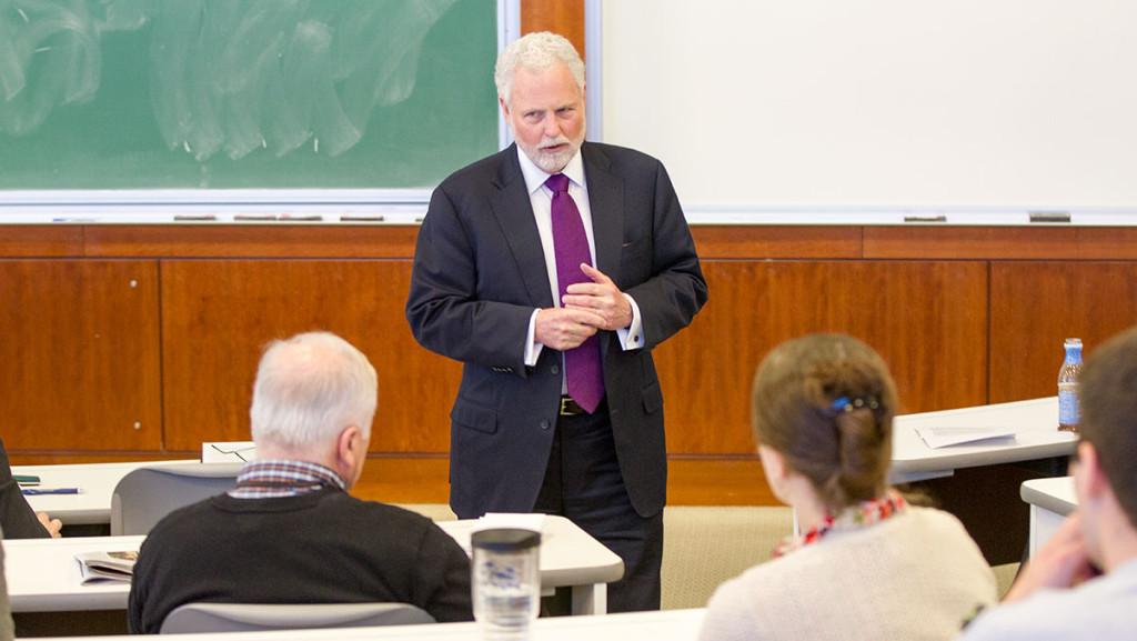 Pat Dickson, current associate dean of undergraduate programs at Wake Forest University’s School of Business speaks to members of Ithaca College’s business community on April 2. 