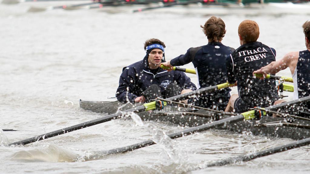 Sophomore Johnston Tucker navigates mens crew to a first-place victory during its regatta against St. Lawrence University and Skidmore College on April 11 on the Cayuga Inlet.