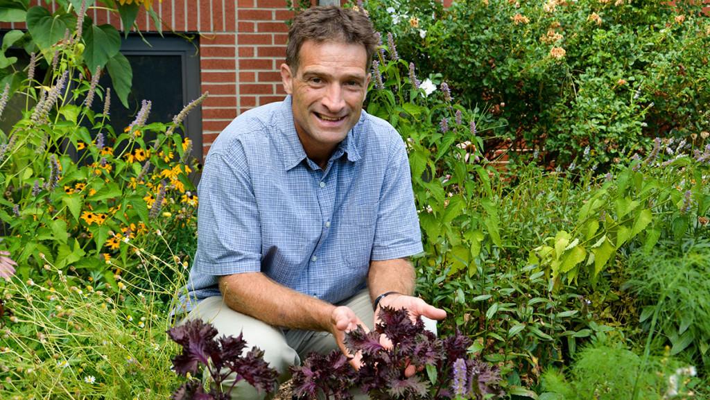 Professor Michael Smith works in the permaculture garden, located on the southeast corner of Williams Hall.