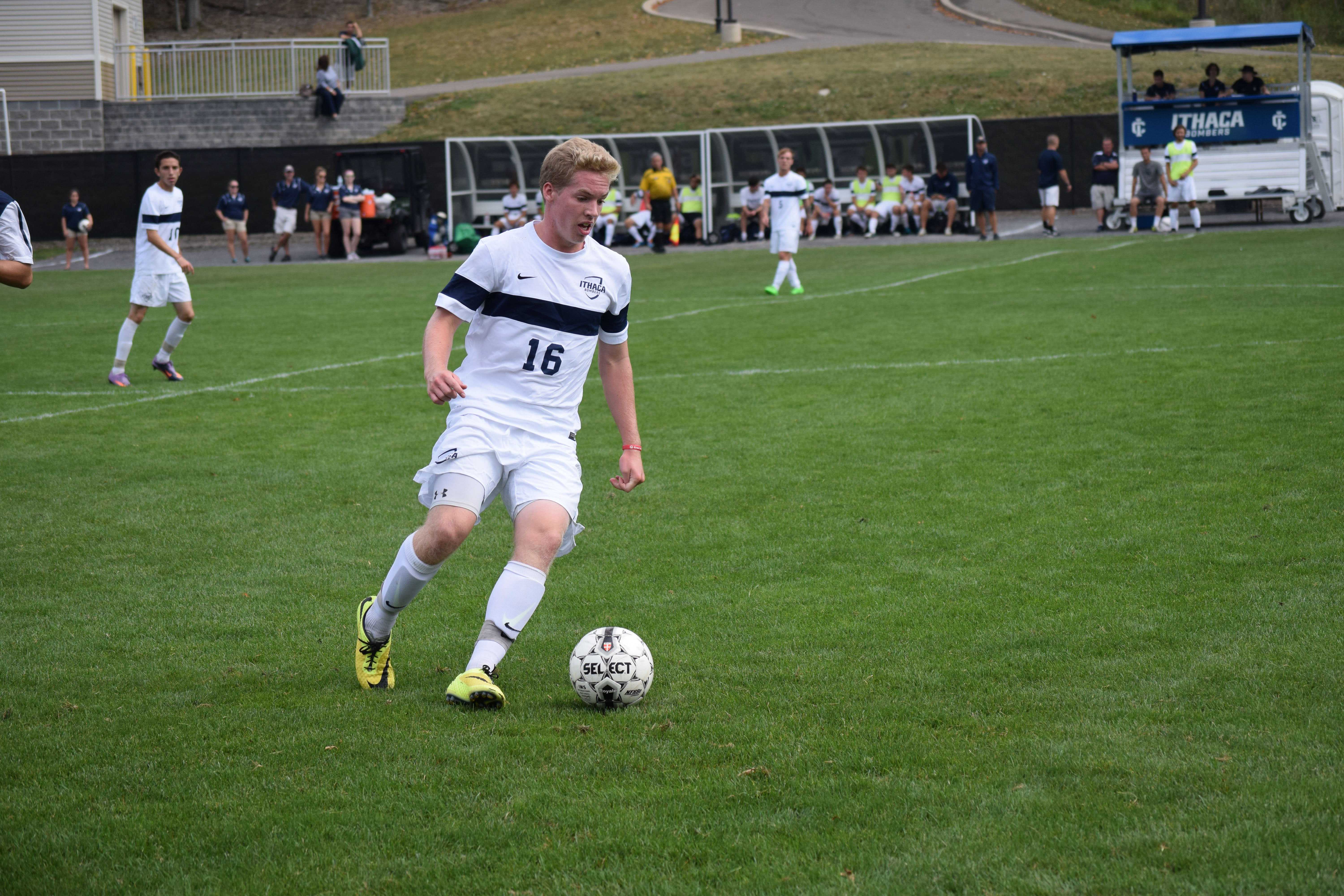Offense breaks out against Utica to give men’s soccer first win