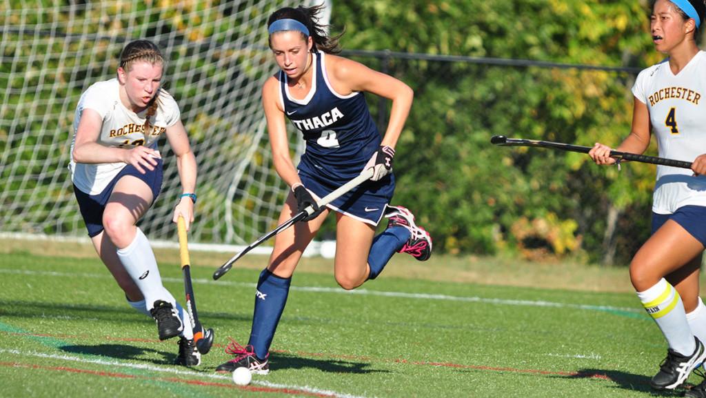 Junior Colleen Keegan-Twombly leads the attack for the Bombers during the field hockey game Sept. 16 at Higgins Stadium. 