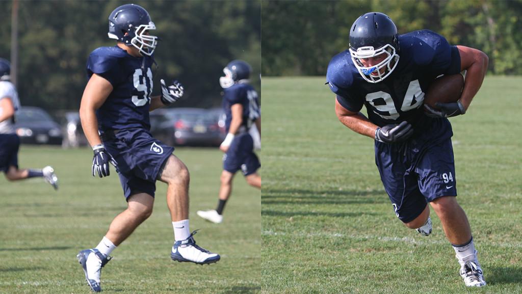 On left, senior Logan Murphy and on right, junior Rob Barbieri warm up during the football teams practice Sept. 3.