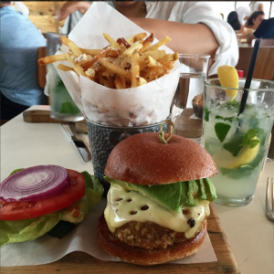 Truffle Parmasean Fries from Delicatessen in New York City (Accompanied by a turkey burger and a mint lemonade)