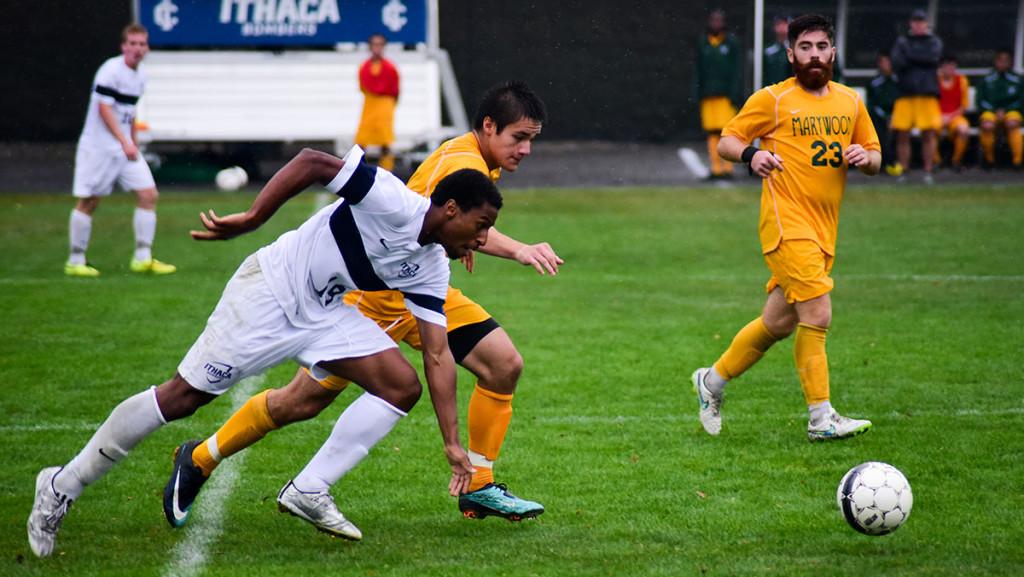 Junior midfielder Brandon Thompson chases after the ball against a Marywood University opponent during the mens soccer game Sept. 12 at Carp Wood Field.  The Blue and Gold managed a 1–1 tie against the Pacers.