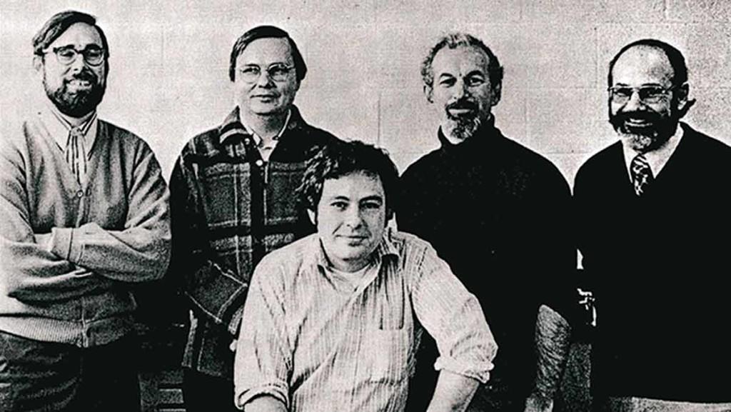 From left, John Schwartz, Charles Spencer, Peter Seligmann, Ahren Sadoff and Paulen Smith are the founding faculty of the Department of Physics.