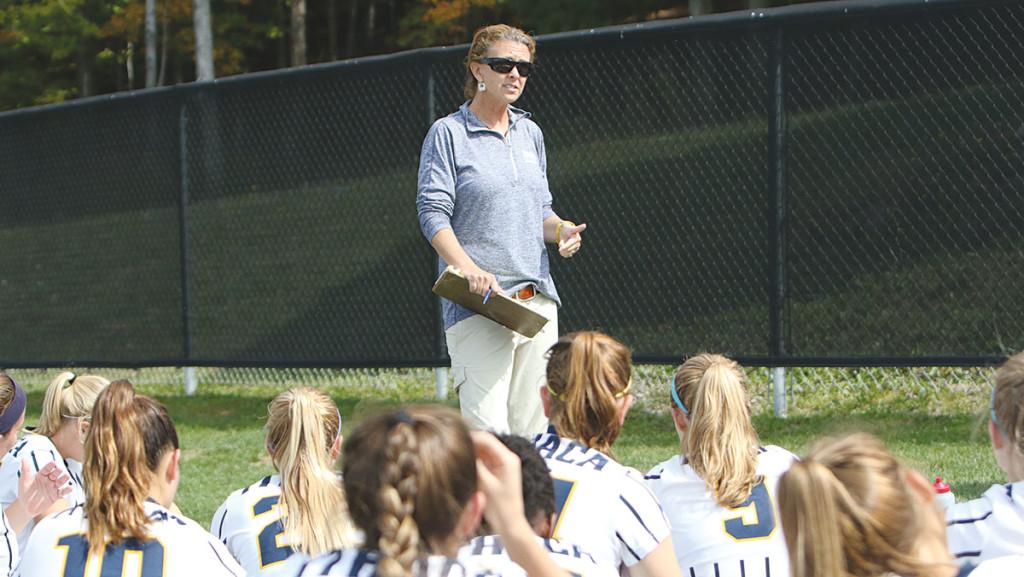 Quigg discusses game strategy with her players during the women’s soccer game Sept. 26 against Stevens Institute of Technology at Carp Wood Field. Quigg earned her 300th win at the college Sept. 23 in Alfred, New York. 