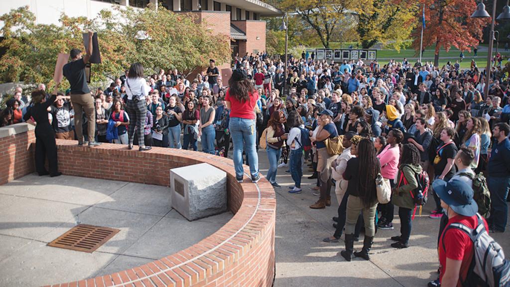 On Dec. 11, 2015, student and faculty at Ithaca College voiced their criticisms toward President Tom Rochon during a rally. The turbulent campus climate from the Fall 2015 semester motivated junior Michele Hau to research ties between dialogue, rhetoric and racism. 