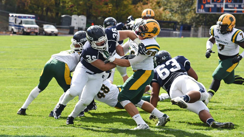 Senior Ryan Whiteley rushes the SUNY Brockport offense during the football game Oct. 17 at Butterfield Stadium.