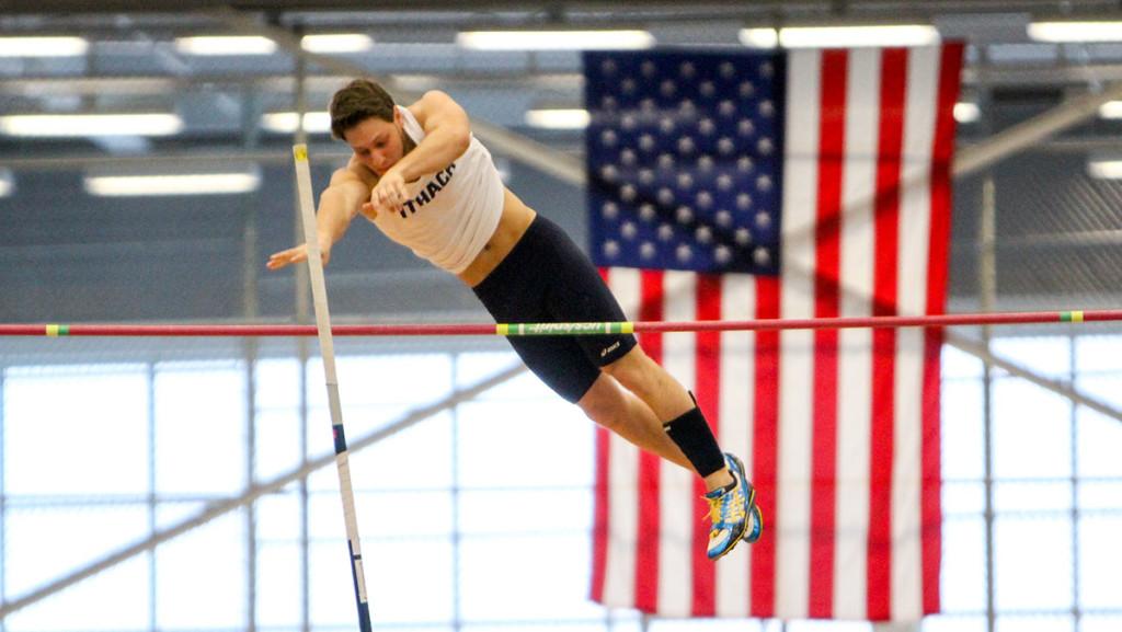 Junior pole vaulter Daniel Drill goes over bar during the Ithaca Invitational Feb. 7 in the Athletics and Events Center.