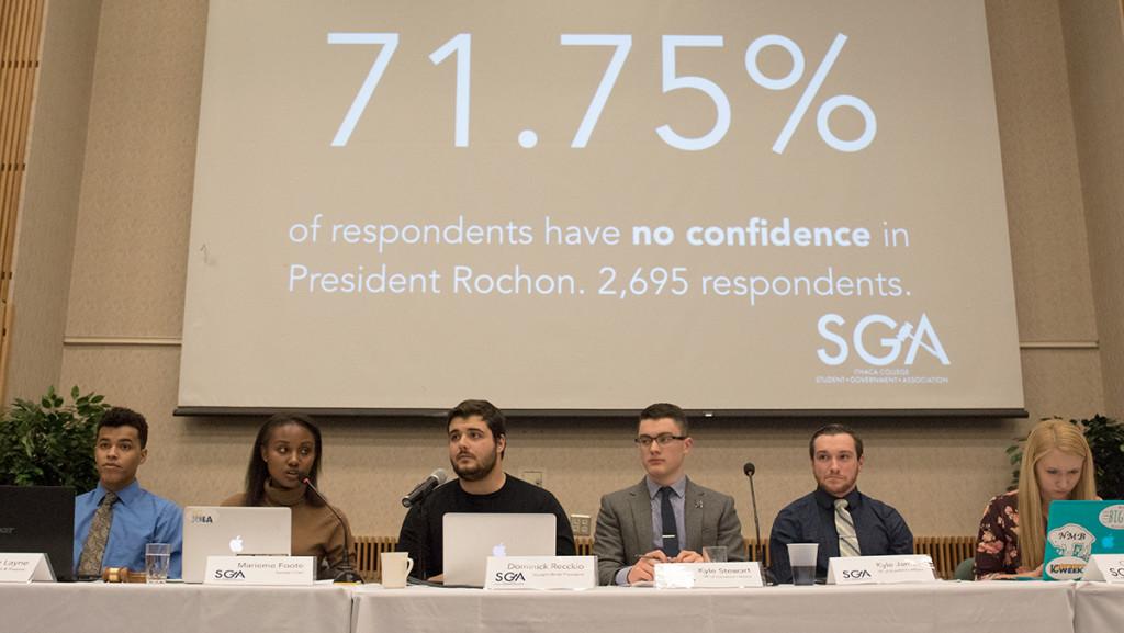 The+Ithaca+College+Student+Government+Association+reveals+the+results+of+the+student+no+confidence+vote+in+Emerson+Suites+on+Nov.+30.+The+SGA+has+opened+an+application+for+students+interested+in+joining+the+search+committee+for+the+next+president.