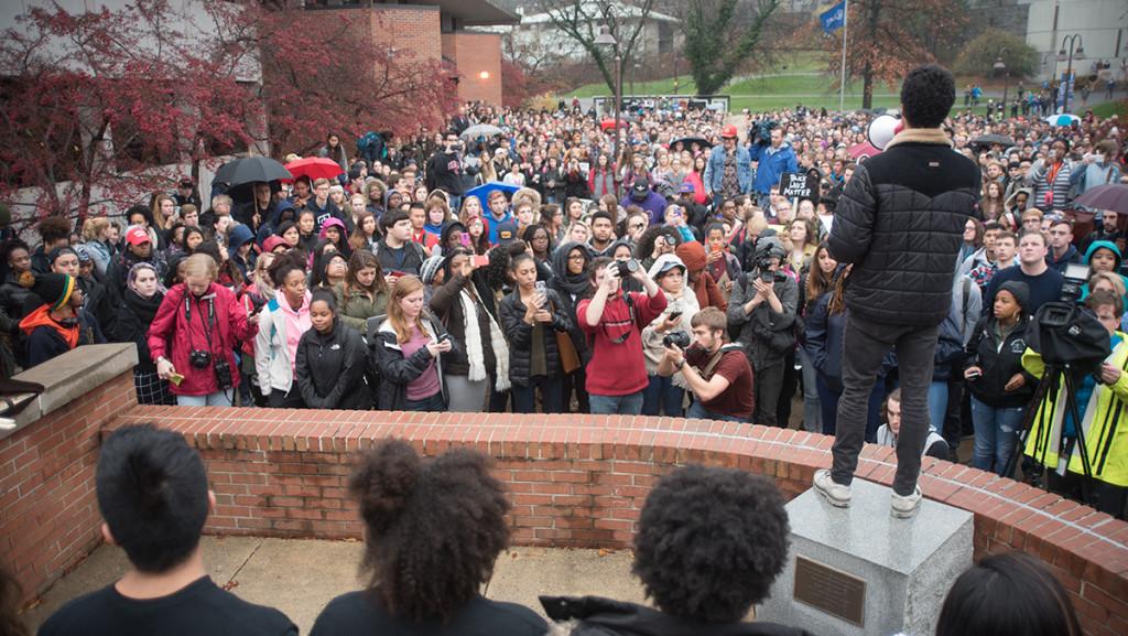 A+group+of+students+gathers+around+Free+Speech+Rock+for+the+Solidarity+Walkout.+