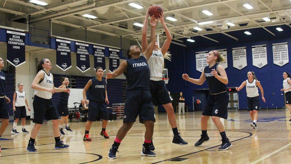 From left, junior forward Shayna Gaskins and junior guard Kiera Murray battle for the ball during a womens basketball practice Nov. 5 in Ben Light Gymnasium.