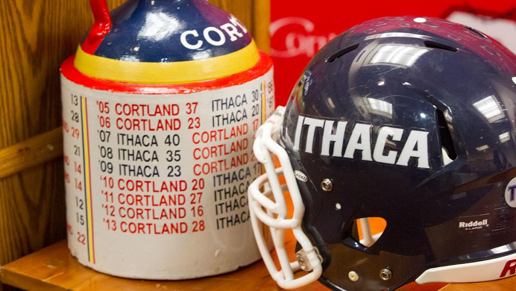 A photo from the Cortaca Jug press conference Nov. 12, 2014 in preparation for the 56th annual Cortaca Jug matchup in Cortland, New York. SUNY Cortland defeated the Bombers 23–20 on a wild touchdown pass to end the game.