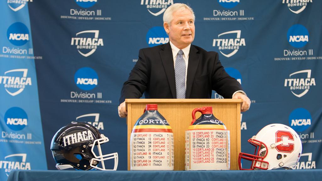 Head football coach Mike Welch addresses the media at the 2015 Cortaca Jug Press Conference hosted in the Hill Center’s multi-purpose room. Welch shared his perspective on his 36th Cortaca Jug. 