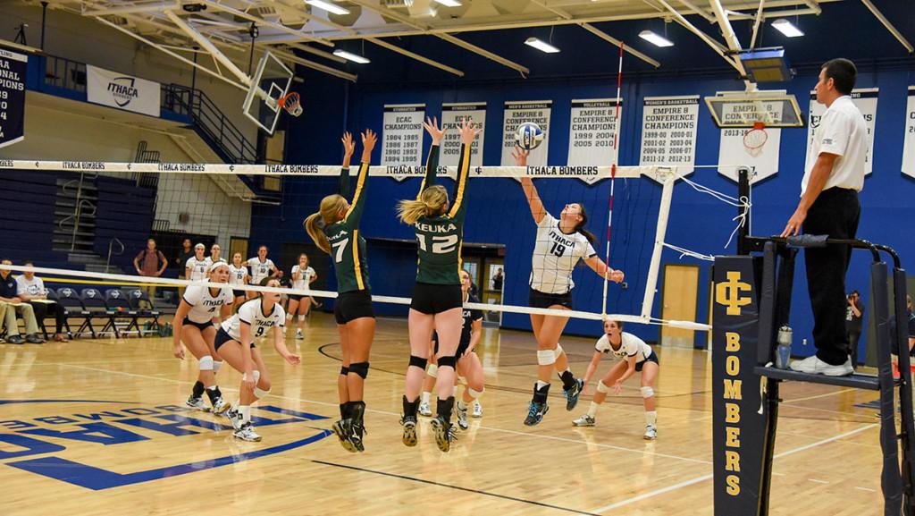 Freshman Hailey Adler goes in for the kill during the volleyball match Sept. 23 against Keuka College at Ben Light Gymnasium. Adler has tallied 213 kills in her first season, which is good for third on the team. 