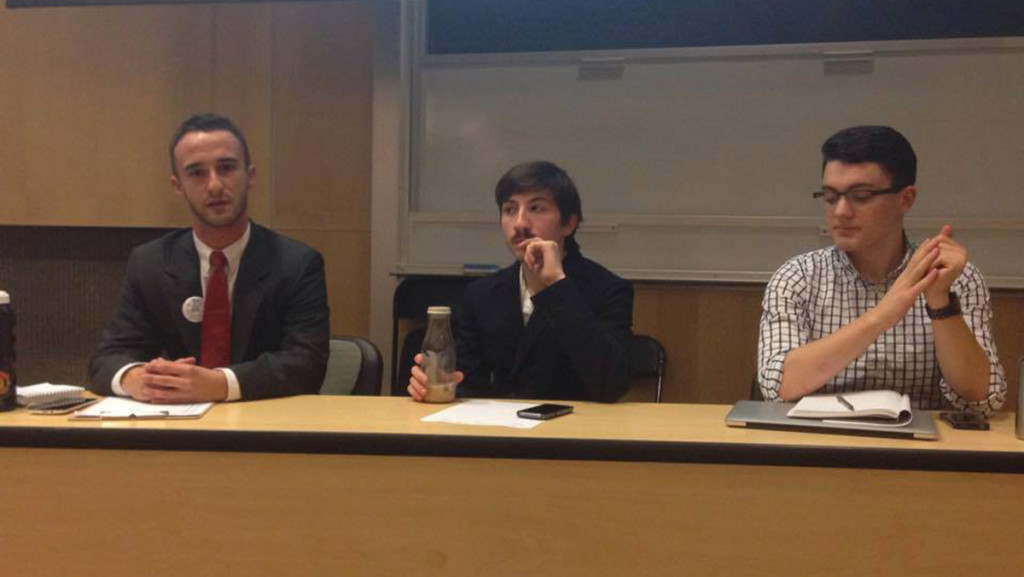 From left, Sean Themea, president of IC Young Americans for Liberty; James Dellasala, co-president of Ithaca College Democrats; and Kyle Stewart, president of IC Republicans, hosted a forum with IC Progressives in an attempt to bolster membership in their clubs.  