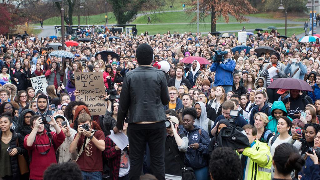 POC at IC leads the Tom Rochon: No Confidence chant at the walkout that took place Nov. 11 at Free Speech Rock.