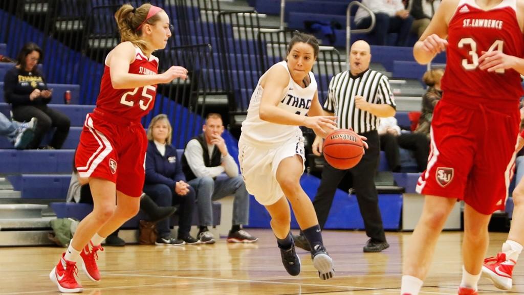  Junior guard Ali Ricchiuti dribbles the ball during the womens basketball game on Dec. 5 against St. Lawrence at Ben Light Gymnasium. She scored eight points for the Bombers.