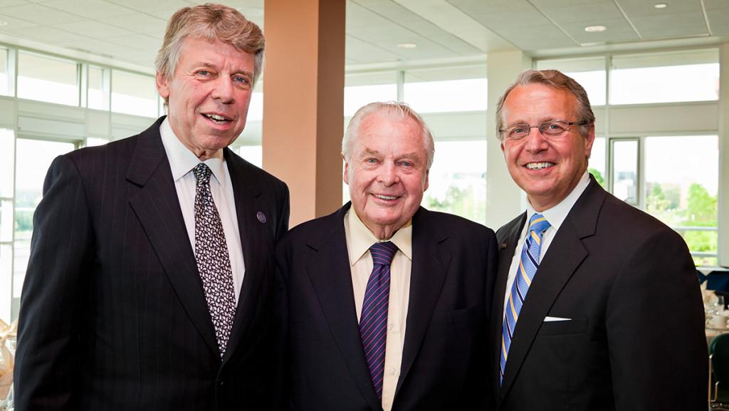 From left: Board of Trustees chairs emeritus Bill Haines, Skip Muller 51 and Bill Schwab 68 urge the campus community to work together to commit to diversity and inclusion.