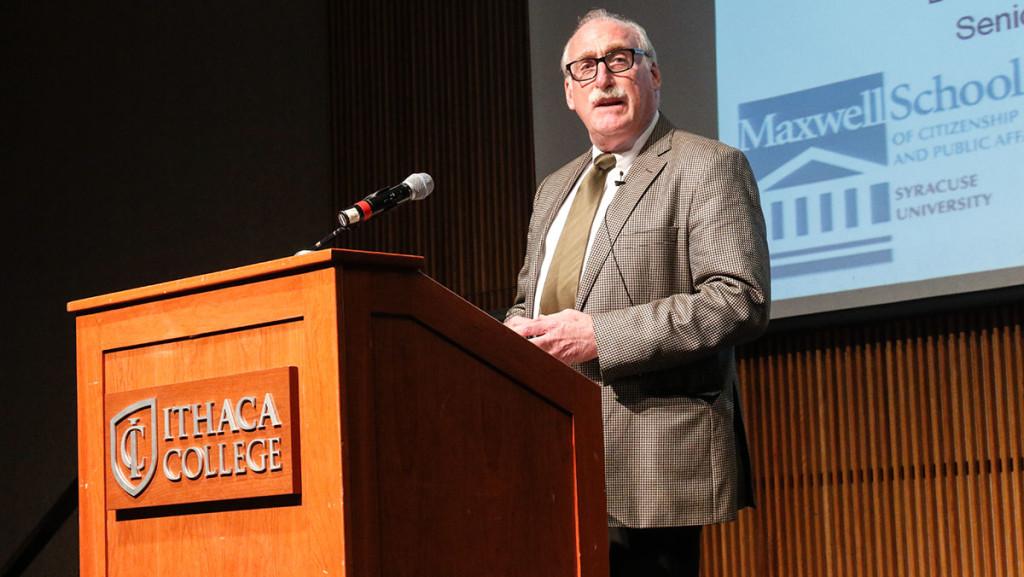 Thomas Dennison, a public health expert from Syracuse University, spoke to approximately 75 Ithaca College students and Ithaca community members Feb. 23 about the history and future of long-term health care.