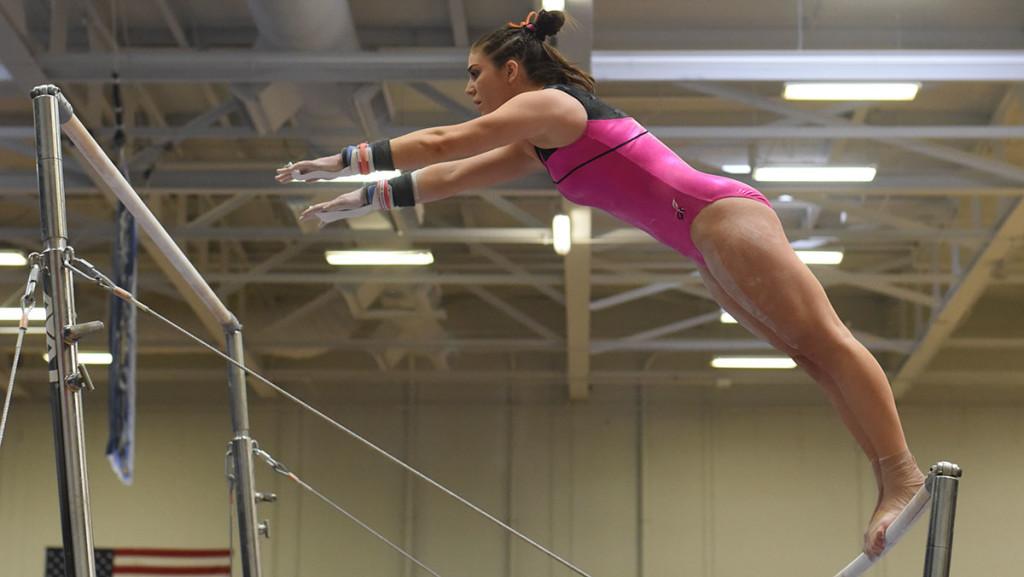Sophomore Danielle Maffuid competes on the uneven bars Feb. 28 at the Marranca Memorial Invitational in Ben Light Gymnasium.