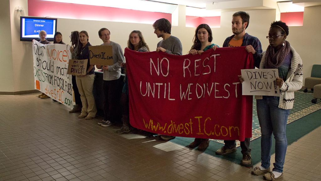 Members of the Ithaca Colleges student movement, Divest IC, protest the colleges investments in fossil fuels in October 2013.