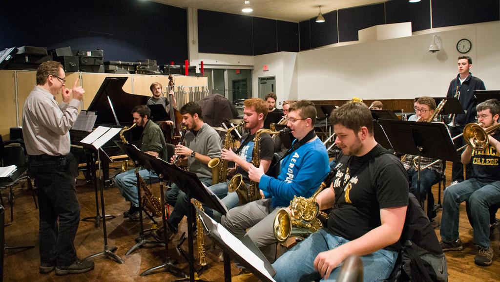Members of Ithaca College’s Jazz Ensemble rehearse for the Dave Riley Memorial Concert, which will take place Feb. 23 and will pay tribute to the life of Dave Riley, who taught at the School of Music for 20 years.