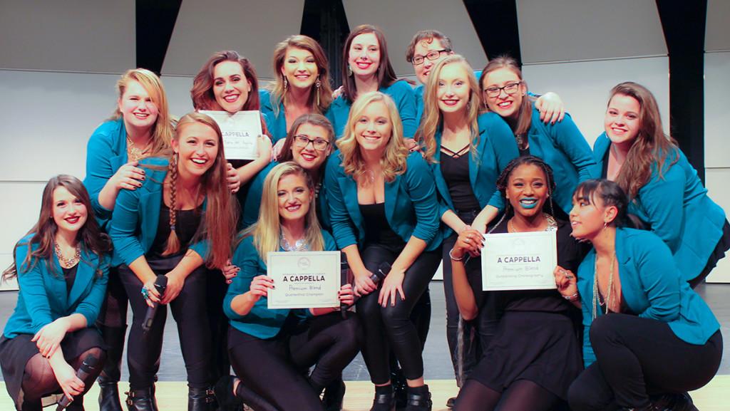 The members of Premium Blend following their first place finish at the International Collegiate Championship of A Cappella Quarterfinal competition on Feb. 6. In addition to first place, the group also won best choreography and best soloist, and will move onto the semifinals.