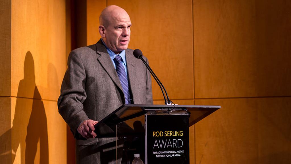 David Simon accepts the Rod Serling Award for Advancing Social Justice Through Popular Media Feb. 4 in Los Angeles.