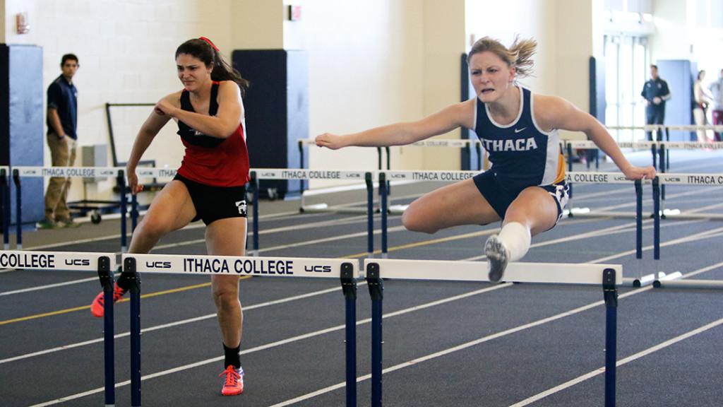 Sophomore Megan Tinklepaugh competes in the 60-meter hurdles during the Bomber Invitational and Multi Feb. 6. She placed 16th with a time of 10.21 seconds.  
