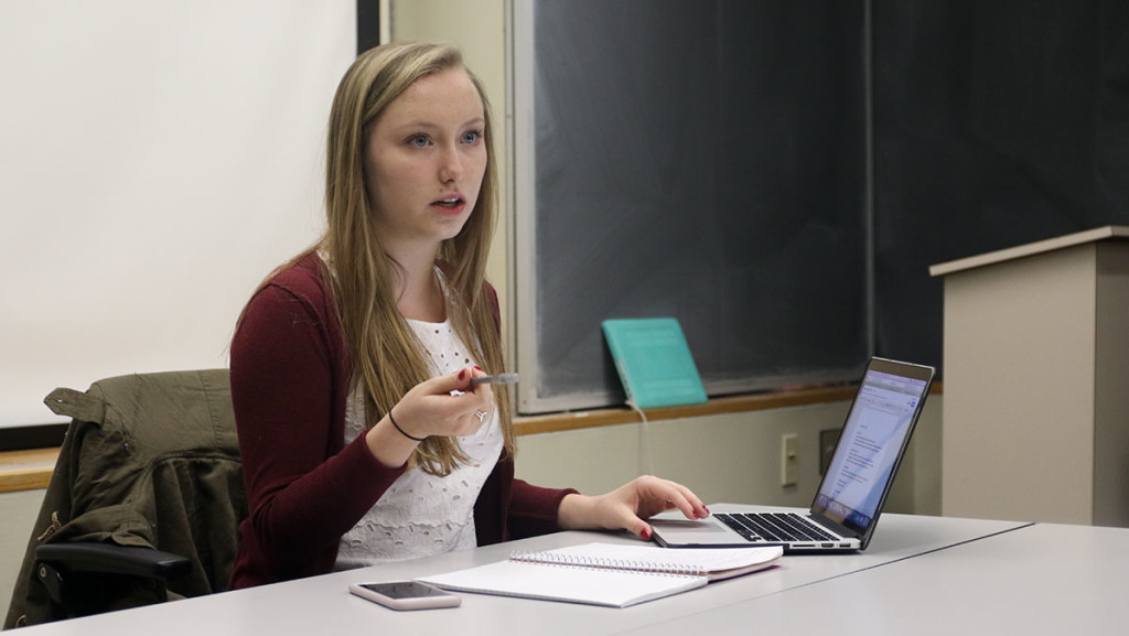 Sophomore Katie Baldwin leads an executive board meeting for IC Women in Communications on March 22 in Roy H. Park Hall.