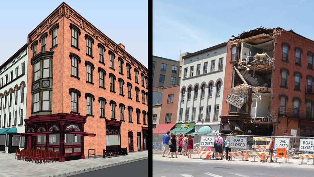 A tractor-trailer carrying a load of cars crashed into Simeon’s Bistro on The Commons on June 20, 2014. The left image is a rendition of what the restaurant will look like upon completion of reconstruction. The right image shows the 2014 crash scene.