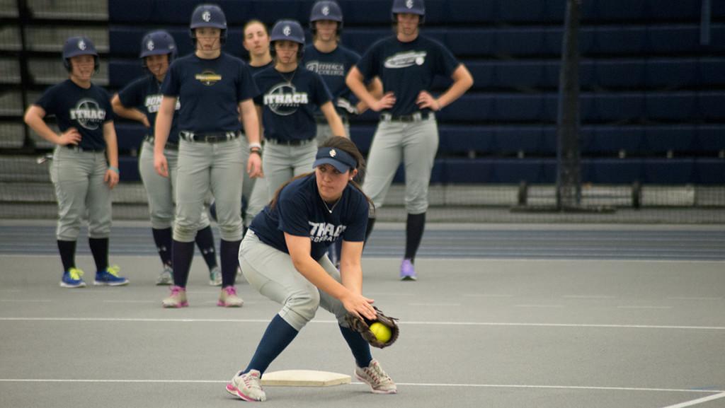 Sophomore+infielder+Allie+Colleran+fields+a+ground+ball+during+a+practice+in+the+Athletics+and+Events+Center.