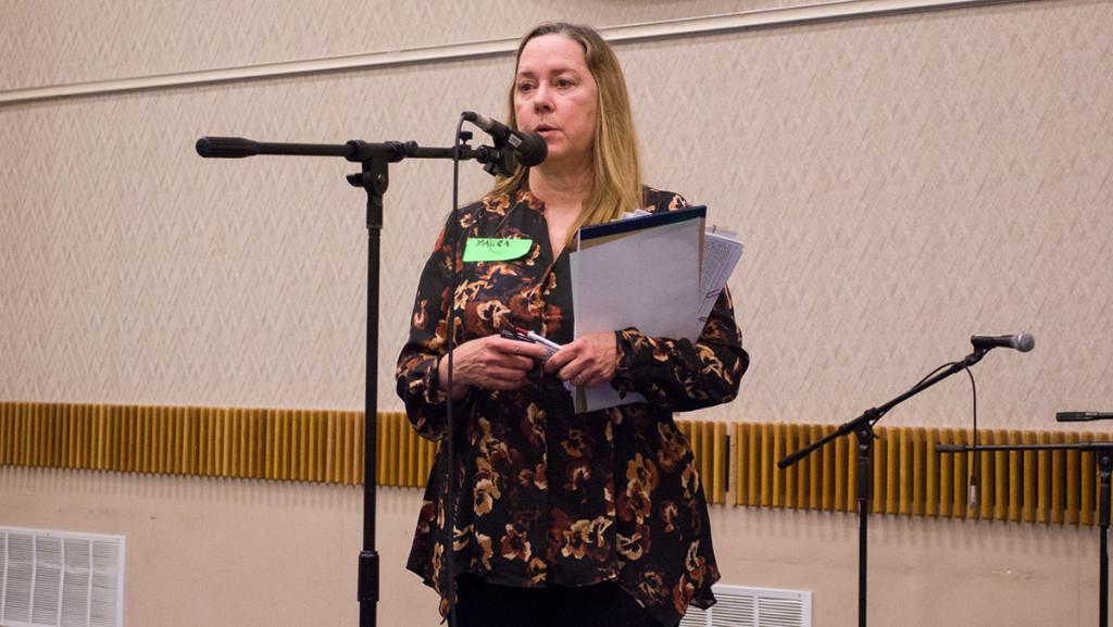 From left, Maura Stephens staff member from the Park Center for Independent Media spoke at the event hosted in Emerson Suites to discuss alternative ways of governance, issues they found with the Ithaca College Board of Trustees and diversity.